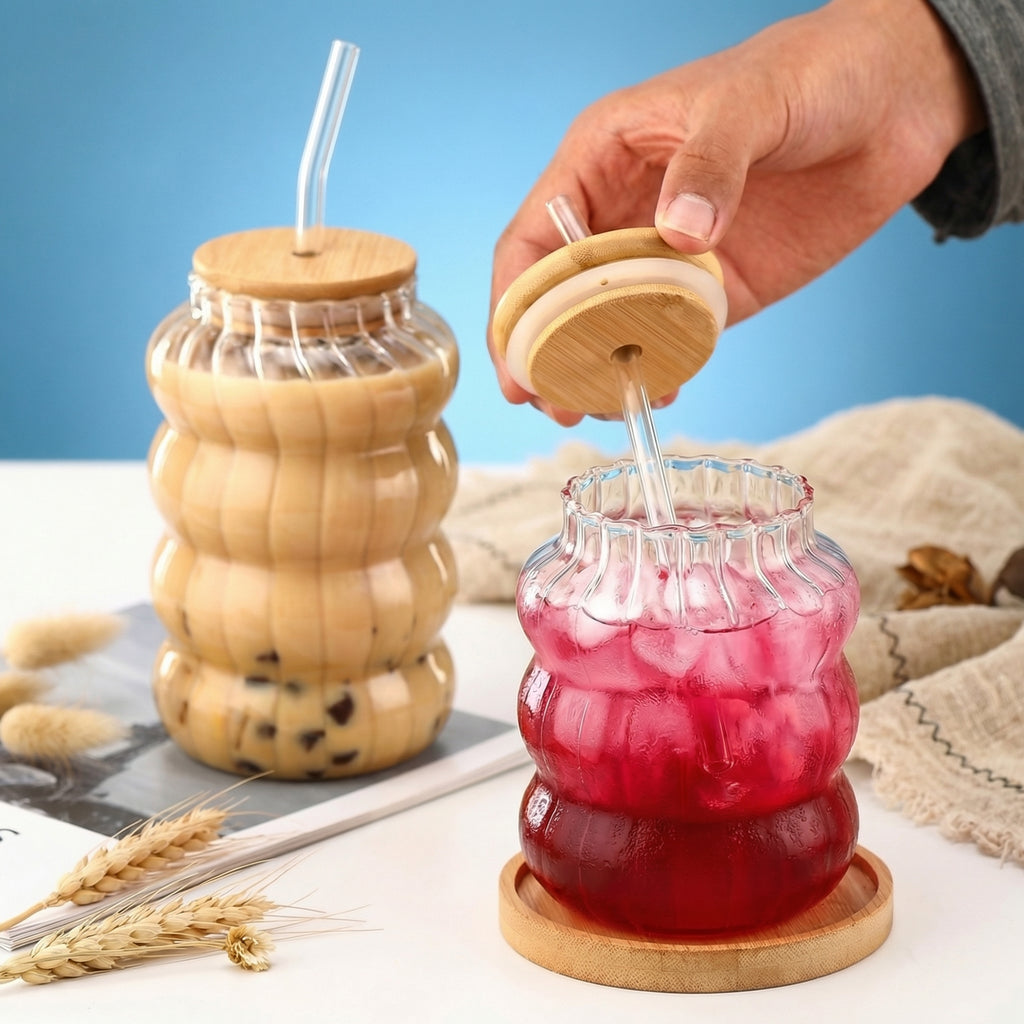 Nordic Pumpkin Ribbed Glass Cup